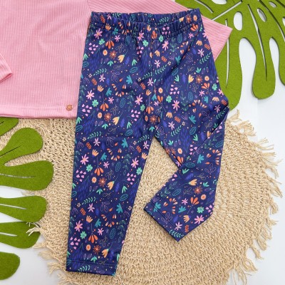  Inverno 2025 - Conj. Blusa Canelada e Calça Legging Floral - Rosa e Marinho